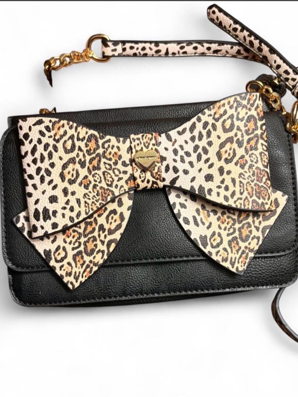 Betsy Johnson Black Crossbody Bag with Leopard Bow Accent
